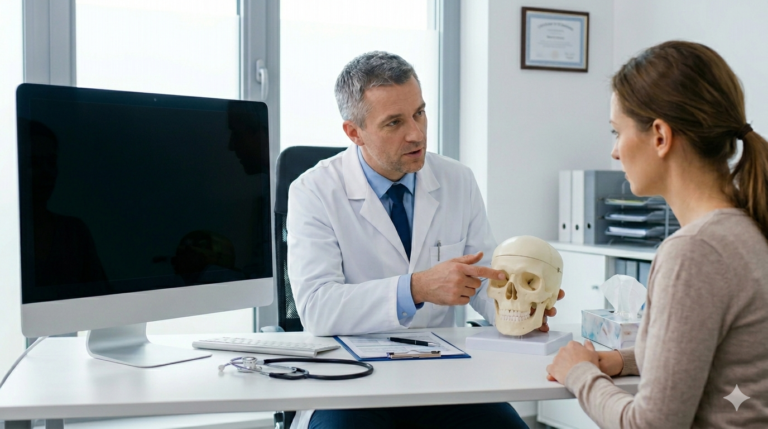 Obraz przedstawia profesjonalną, medyczną scenerię w jasnym, nowoczesnym gabinecie