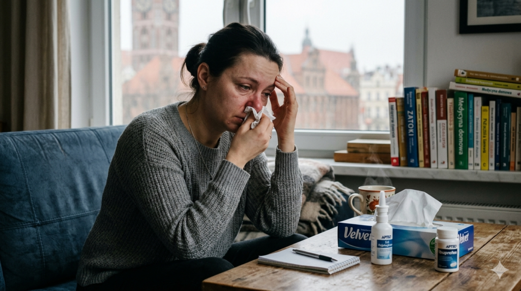 Obraz utrzymany jest w chłodnej, stonowanej kolorystyce, co podkreśla melancholijny nastrój i zmęczenie chorobą