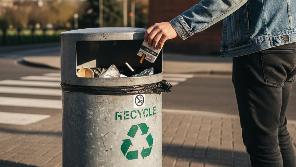 Obraz przedstawia osobę w jeansowej kurtce i ciemnych spodniach, która stoi obok metalowego śmietnika z napisem "RECYCLE" i symbolem recyklingu