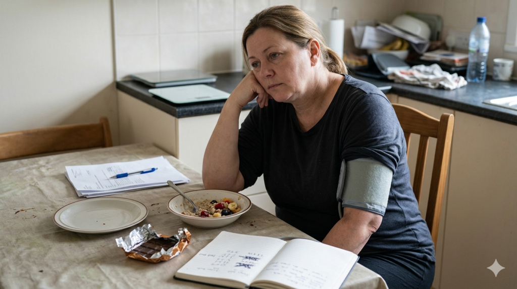 Obraz przedstawia kobietę w średnim wieku siedzącą przy stole w jasnej, domowej kuchni