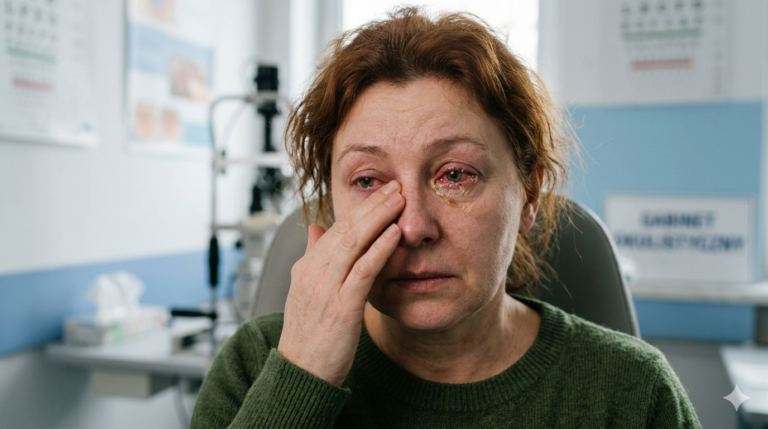Grafika przedstawia realistyczny portret kobiety w średnim wieku, u której widoczne są wyraźne, kliniczne objawy ostrego zapalenia spojówek